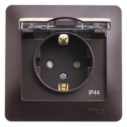 Розетка с заземлением со шторками с крышкой 16А IP44 в сборе SE Glossa, шоколад